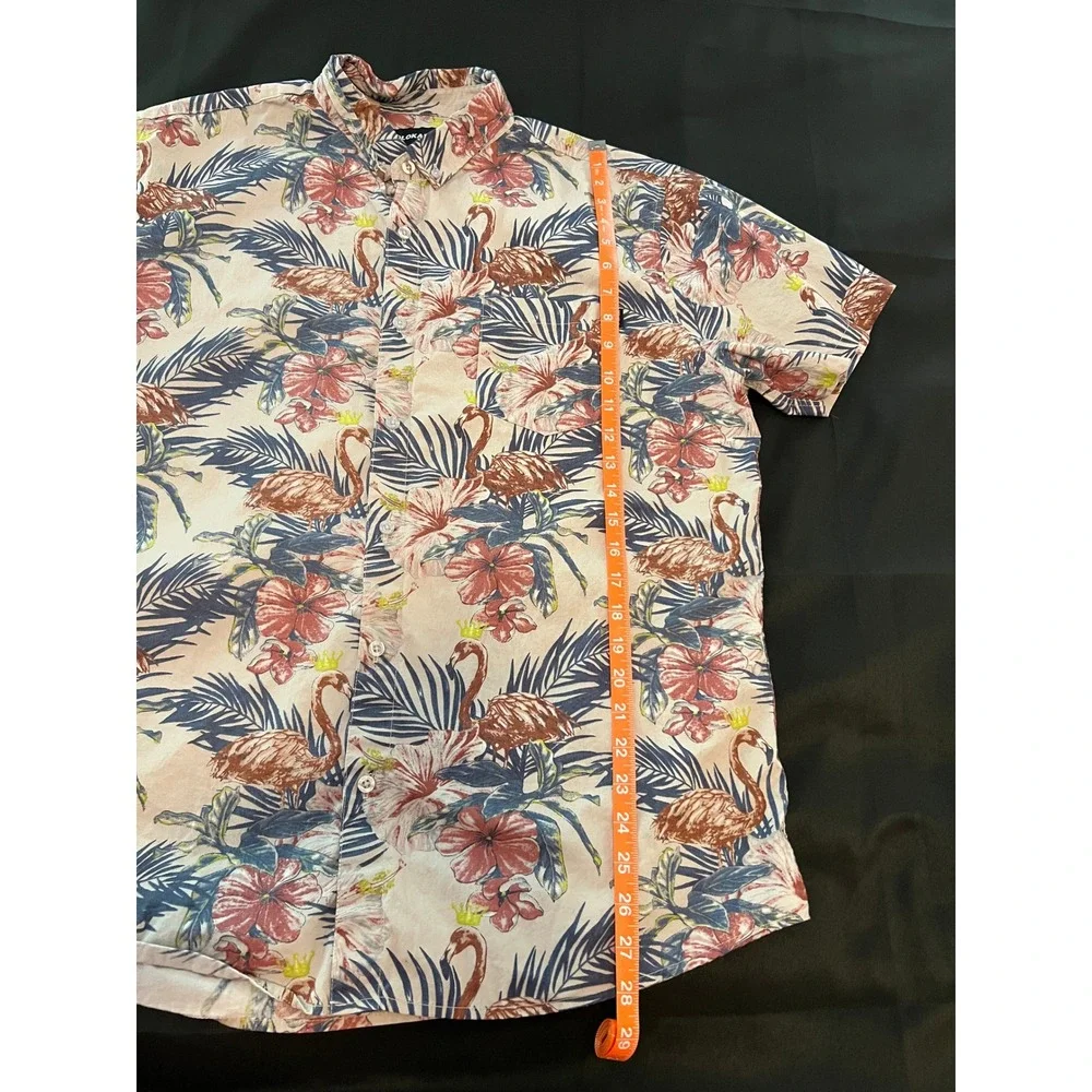 Molokai Surf Co Mens XL Flamingo Hibiscus Tropical Short Sleeve Button Up Shirt